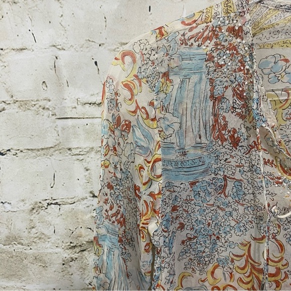 CAbi Ivory Floral Silk Tie Neck Sheer Beaded Top - Picture 2 of 5